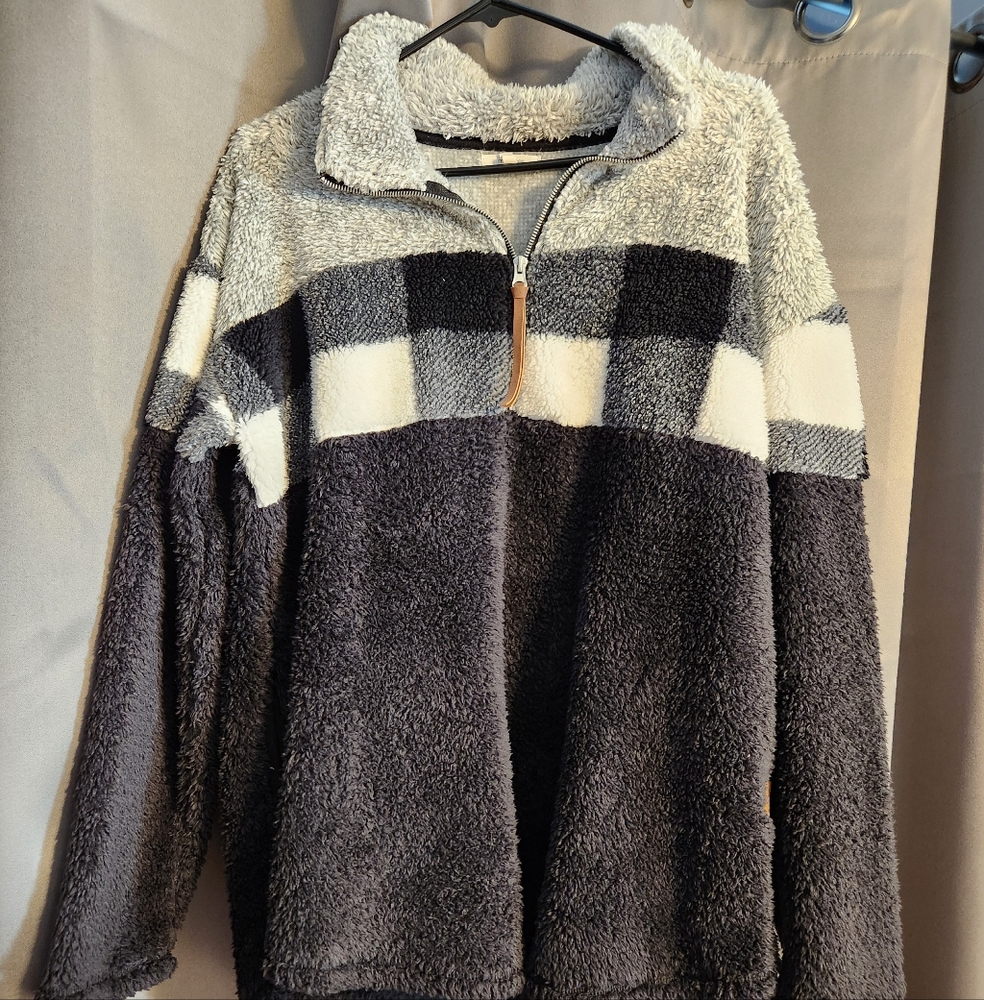 Maurices Black and White Plaid Teddy Jacket